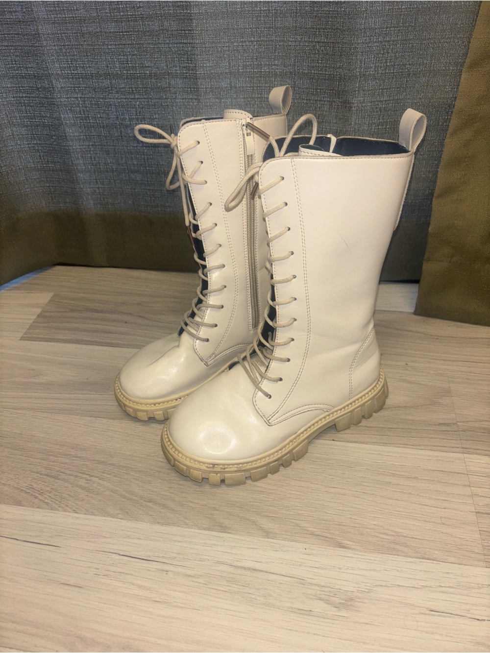 Girl’s Cream Lace-Up Combat Boots